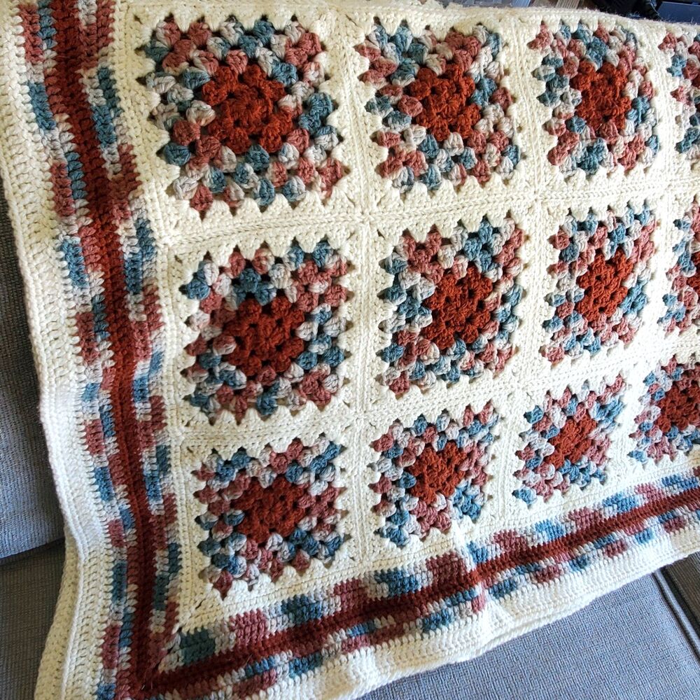Afghan Granny Square Cream Rusty-Mauve Blue Hand Crocheted 70” X 56” cottagecore